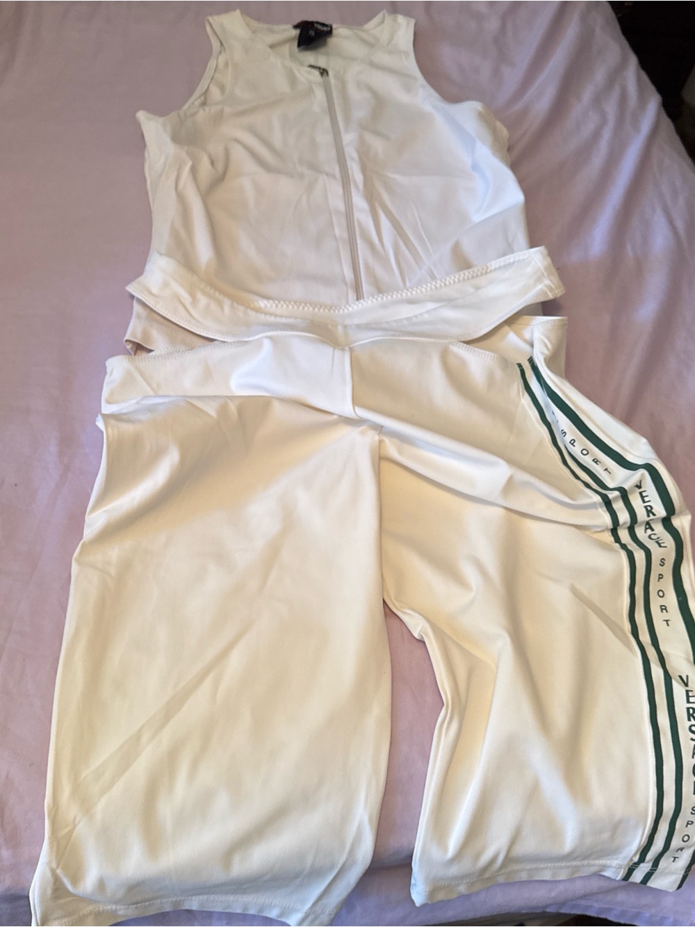 Versace off White Track Shorts and top with Green Stripe on Athletic Set